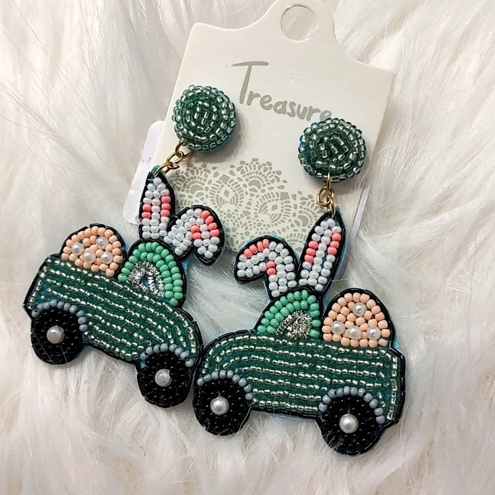 💞NWT Treasure Brand Ladies/Teens Beaded Easter Bunny 🐇 Truck Earrings, Adorabl - Picture 4 of 4